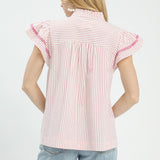 Woman wearing the Pink Striped Flutter Sleeve Top, back view showing the pink striped pattern and relaxed fit.
