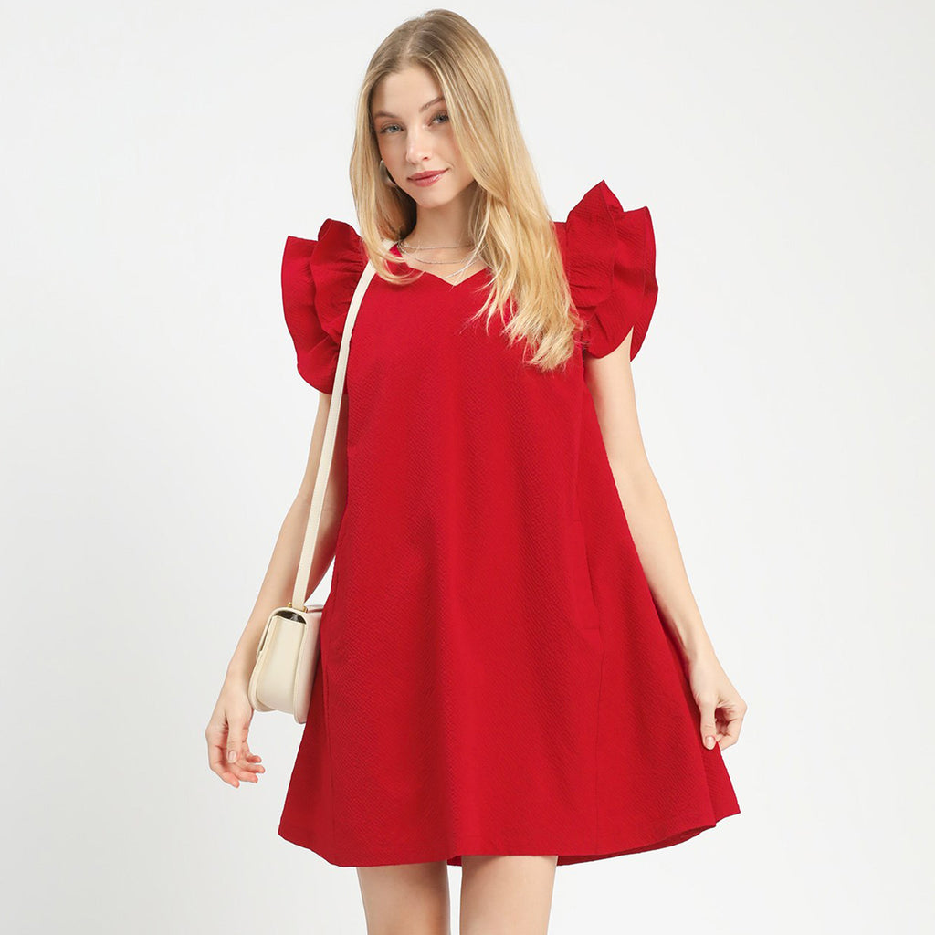 Red Seersucker Ruffle Sleeve Shift Dress Red Seersucker Ruffle Sleeve Shift Dress