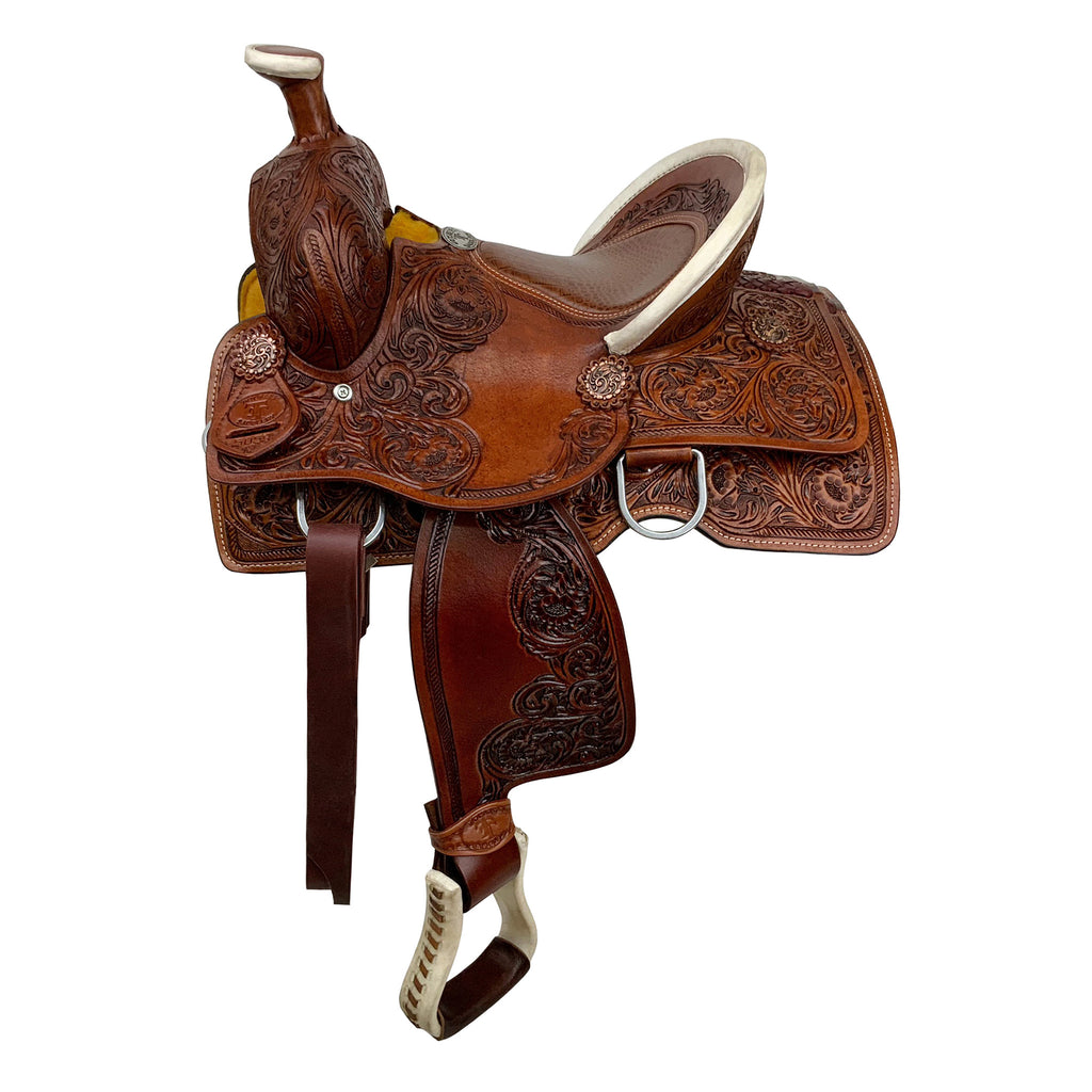 medium-oiled saddle features exquisite floral lilies tooling 12' saddle