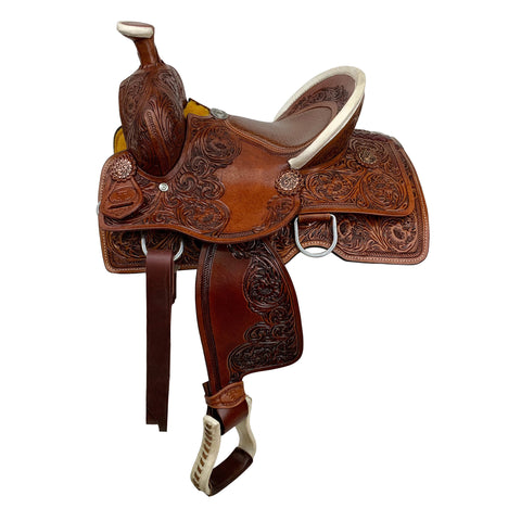 medium-oiled saddle features exquisite floral lilies tooling 12' saddle