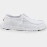 Women's light weight white slip-on shoe with crochet upper and white soles
