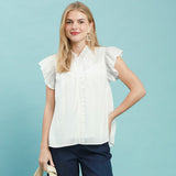 Model wearing an off‑white smocked yoke ruffle sleeve blouse, front view showing the smocked detail and soft ruffled sleeves.