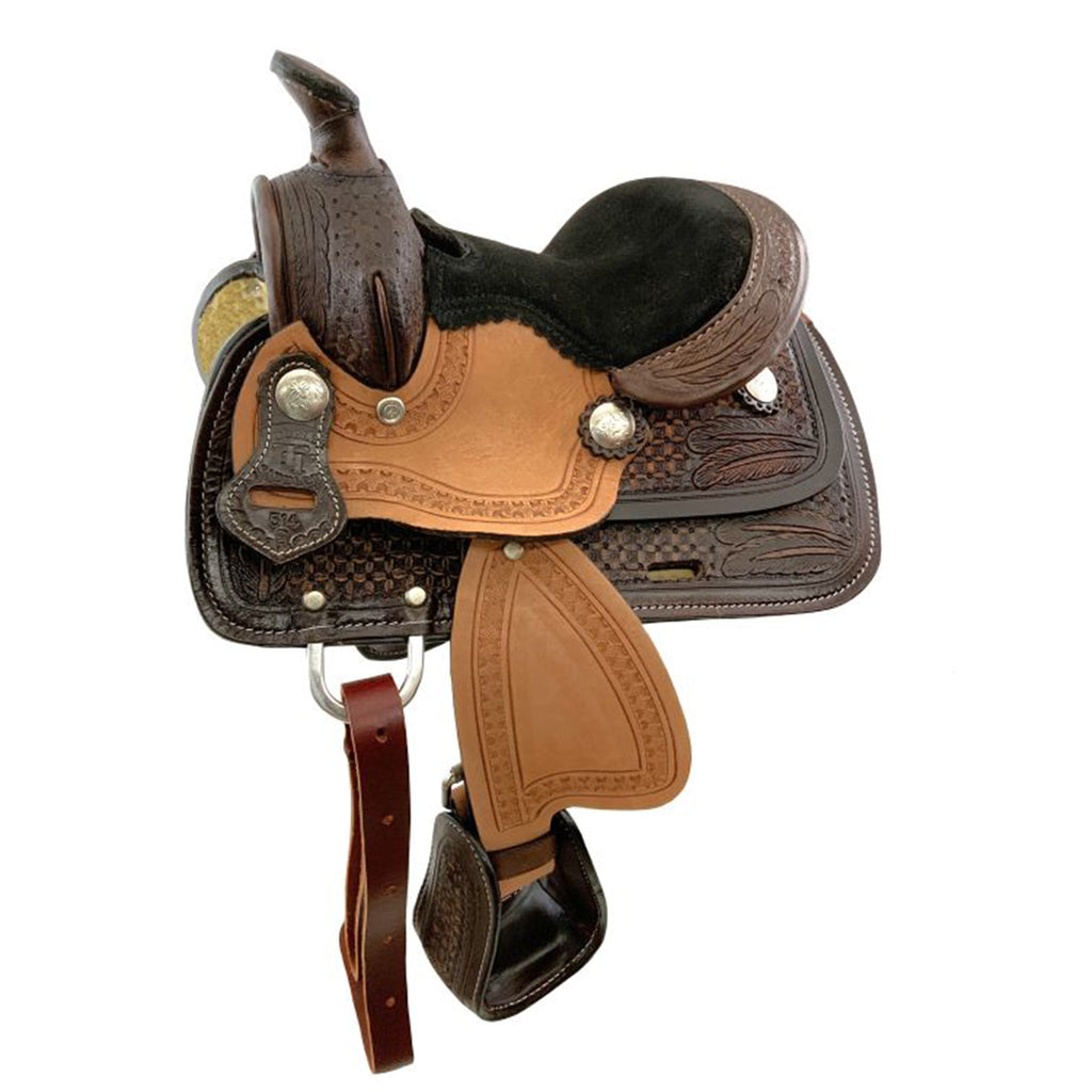 8" miniature pleasure style western saddle with feather tooling