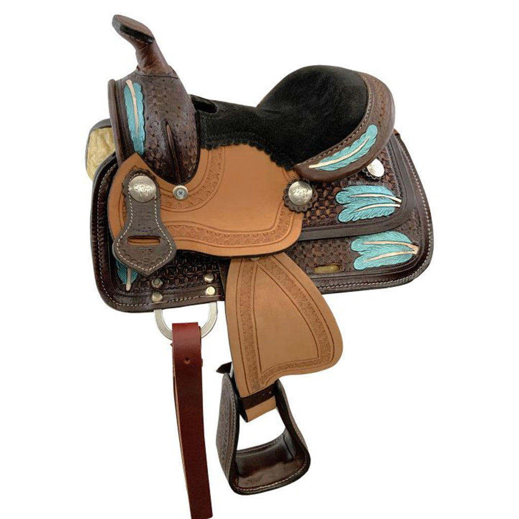 8" miniature pleasure style western saddle with turquoise painted tooled feathers
