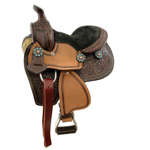 8" Miniature Round Skirt Barrel Saddle -with Rhinestone Flower Conchos