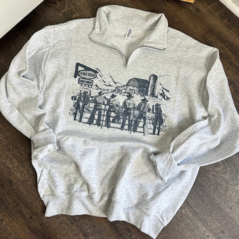 Ash grey quarter zip sweatshirt with navy blue and grey printed cowboy scene. 
