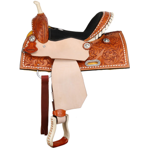 Full side view of Double T Chestnut Daisy Barrel Style Saddle 