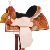 Front side view of Double T Chestnut Daisy Barrel Style Saddle 