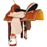 Back side view of Double T Chestnut Daisy Barrel Style Saddle 