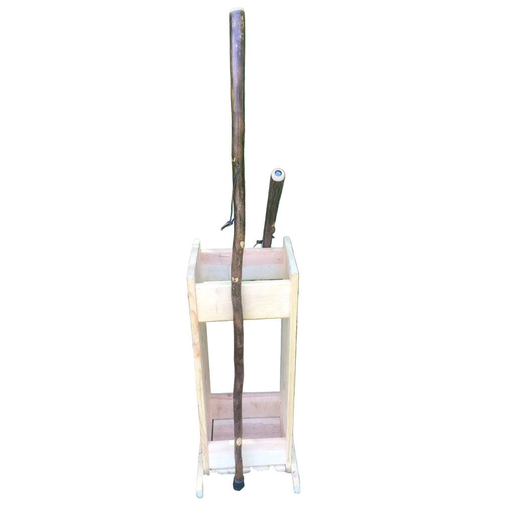 Compass stick standing against wooden stand vertically with another cane showing the top with the compass. 