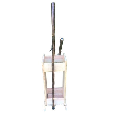 Compass stick standing against wooden stand vertically with another cane showing the top with the compass. 