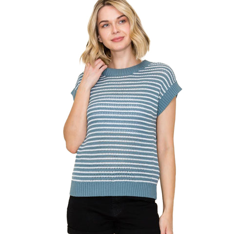 Teal and White Striped Short Sleeve Sweater