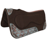 Contoured felt saddle pad with vented withers and rustic steer print leather accents in teal and brown