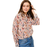 Beige western print chiffon long sleeve blouse