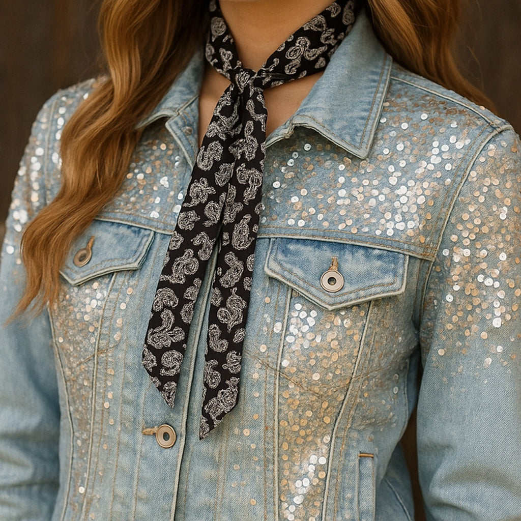 Person wearing a sequined denim jacket with a black and white paisley patterned twilly scarf around their neck.