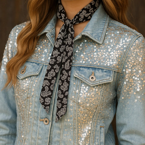Person wearing a sequined denim jacket with a black and white paisley patterned twilly scarf around their neck.