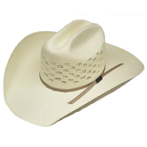bangora straw hat with cattleman crease and tan hatband