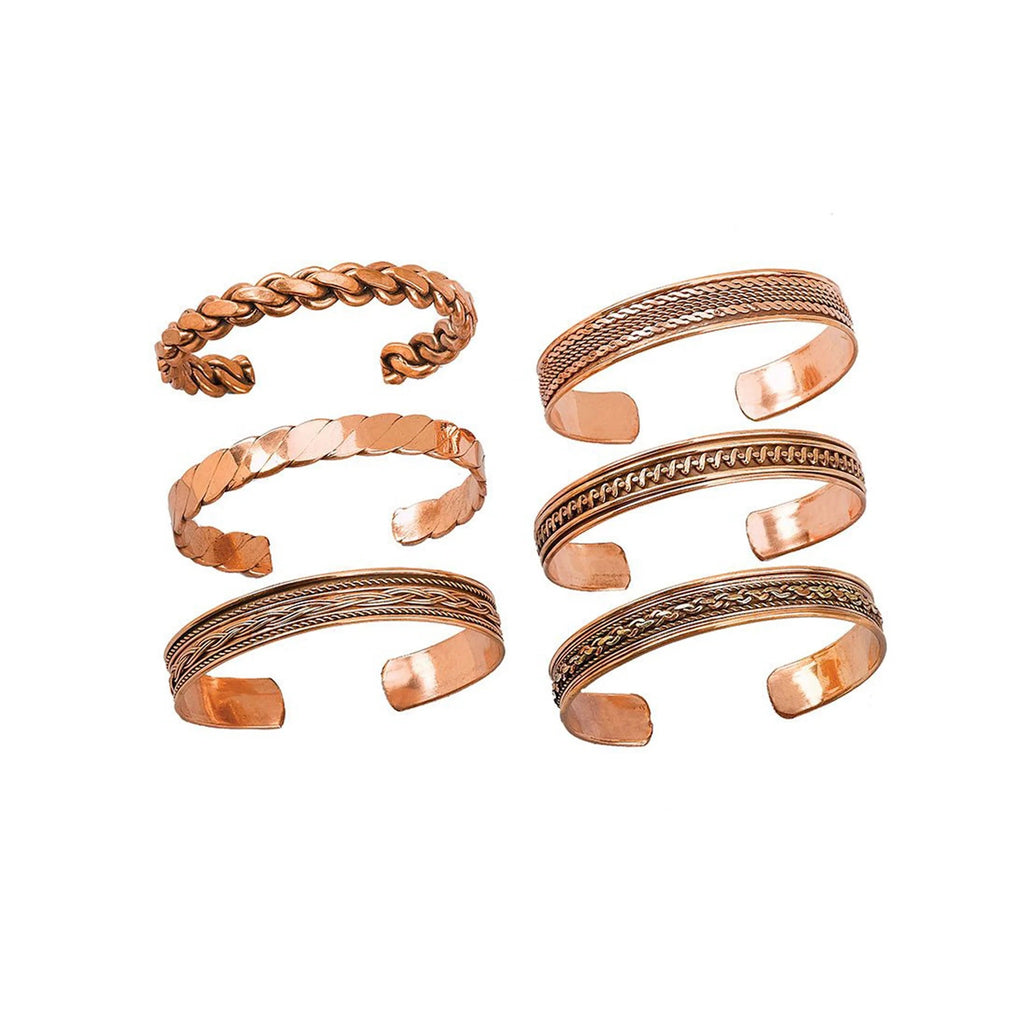 Full view of the 6 different assorted copper cuffs.