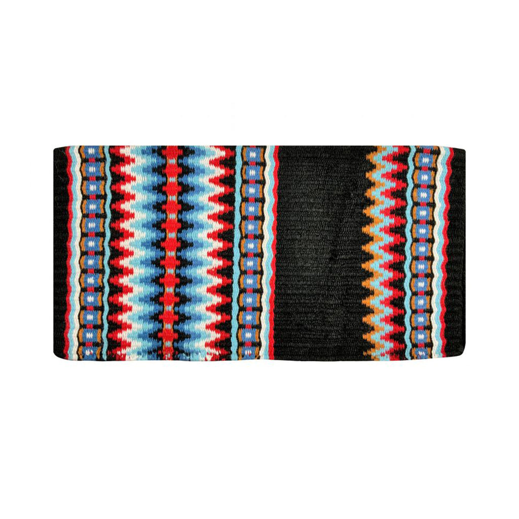 Black saddle blanket with red and blue tones in navajo style
