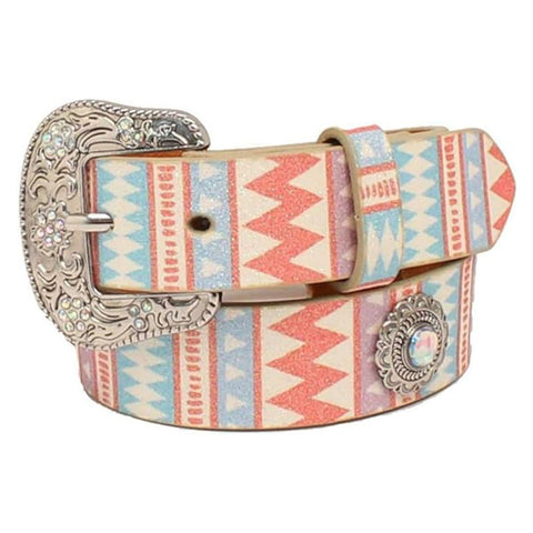 Aztec Ivory, Pink and Turquoise Glitter Belt with Conchos