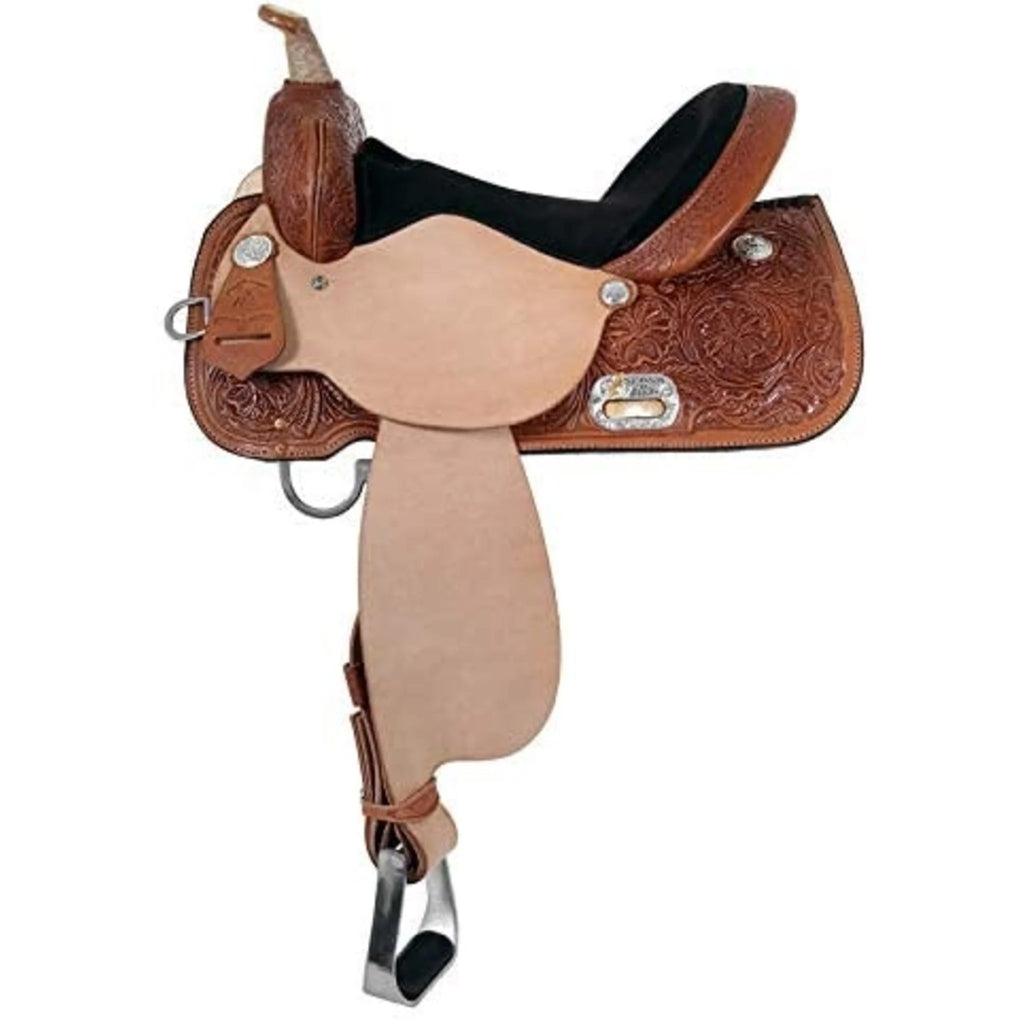tri colored leather saddle with silver stirrups and tooled skirt
