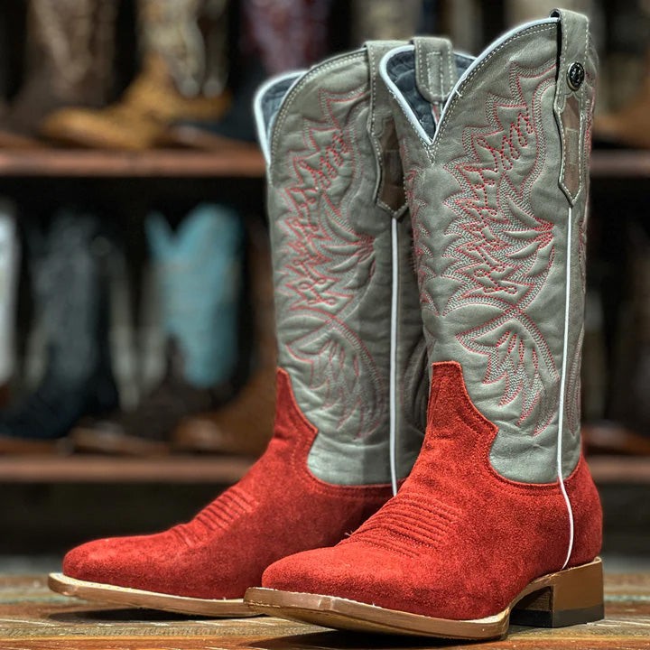 Tanner Mark Ladies Ruff Out Red and Grey Square Toe Western Boot