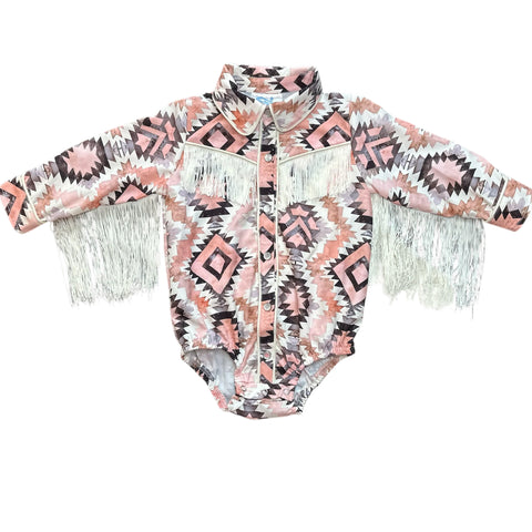 Front side view of Pink & Aztec Fringe Onesie