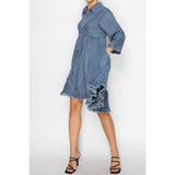 Model in the SW Chambray Flowy Dress at an angle, displaying the soft chambray fabric and relaxed, airy fit.
