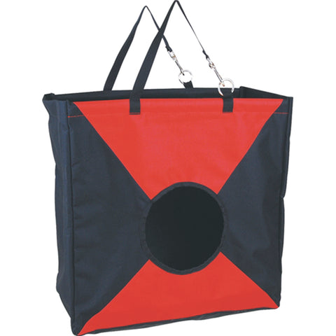 Standing view of red and black hay bag. 