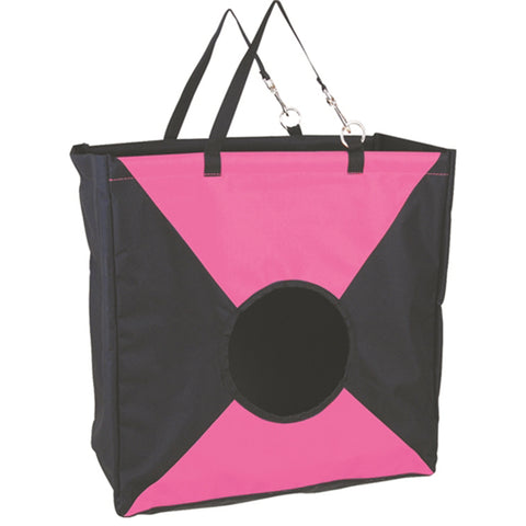 Standing view of pink and black hay bag.