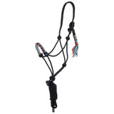 Black halter with pink, baby blue, tan and black noseband with lead