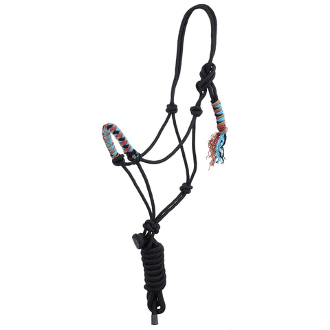 Black halter with pink, baby blue, tan and black noseband with lead