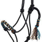 close up of brown, tan, black and turquoise mohair noseband