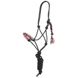 Black halter with Red, white, brown, and black mohair noseband with lead
