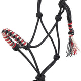 close up of the brown, white, red and black mohair noseband