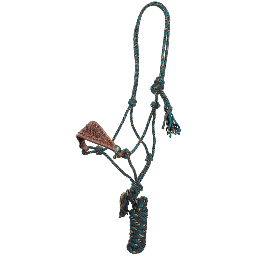 Full view of Showman Turquoise Mosaic Mohair Cowboy Knot Halter with Lead 