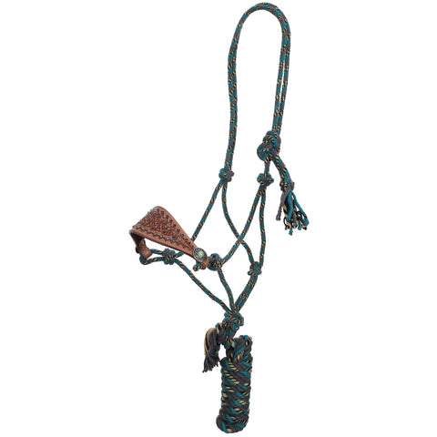 Full view of Showman Turquoise Mosaic Mohair Cowboy Knot Halter with Lead 