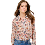 Beige western print chiffon long sleeve blouse