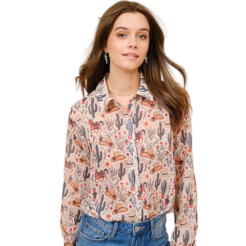 Beige western print chiffon long sleeve blouse