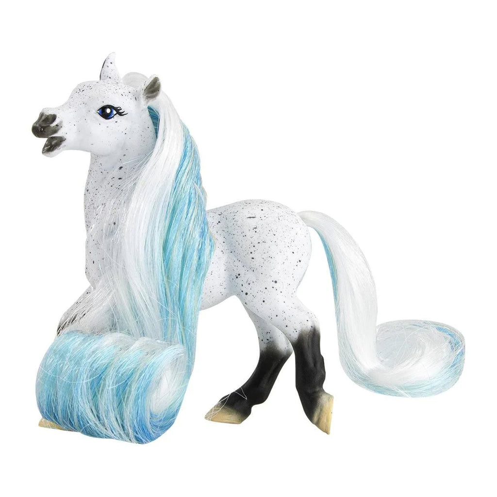 4" white toy horse with brushable white and blue mane and tail