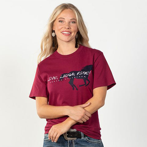 Red T-shirt with a Running Horse And the Words Live, Laugh, Ride across the front