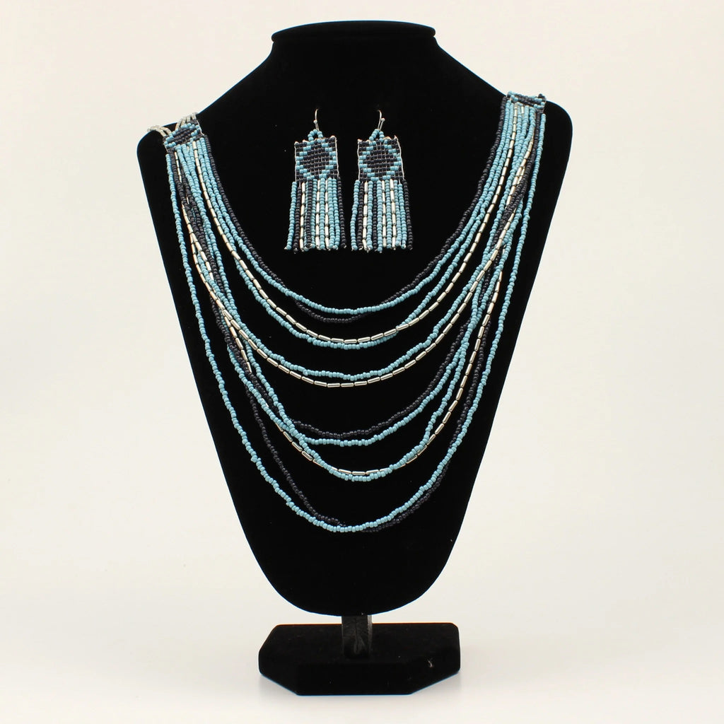 Full view of Light Blue, White, & Navy Layered Bead Earring & Necklace Set