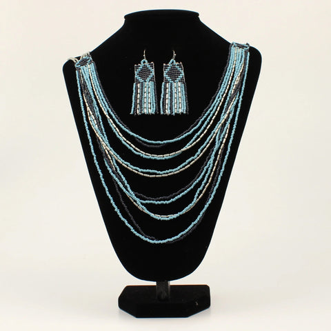 Full view of Light Blue, White, & Navy Layered Bead Earring & Necklace Set
