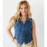 Woman wearing a denim vest