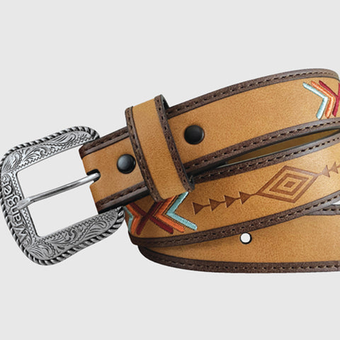 Tan and brown Crazy Horse leather strap with embossed tribal design alternating with embroidery, stitched leather overlay in colors red, orange, and blue.