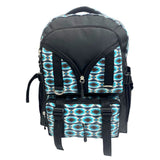 Front view of black and blue aztec backpack 