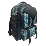 Side view of black and blue aztec back pack 
