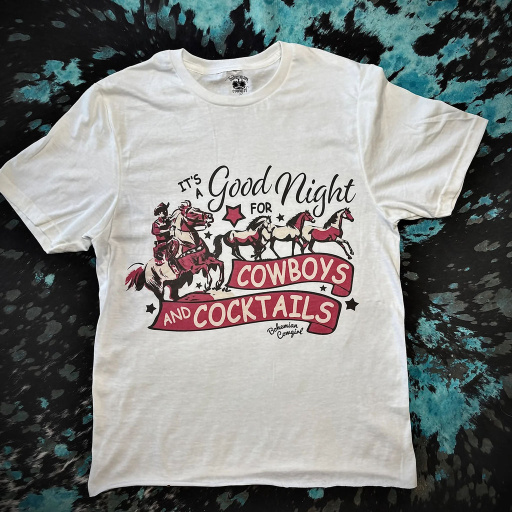 Flat lay of cowboys and cocktails t-shirt. 
