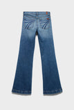 Back view of DOJO mid-wash jeans with embroidered back pockets and wide-leg silhouette.