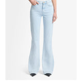A mid-rise wide-leg light wash jean with pink 7 stitched on back pockets